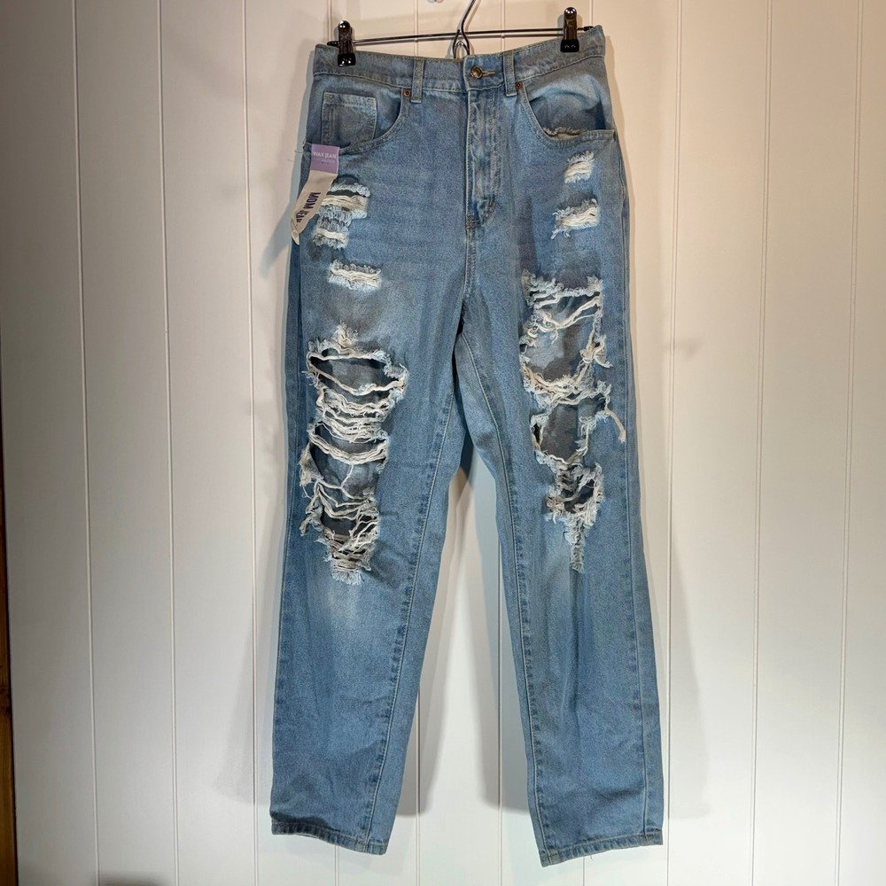 Wax Jean Collection Womens High Rise Distressed Mom Jeans Light Wash Blue Size L